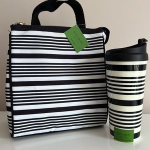 Kate Spade New York Black Stripe Lunch bag and Thermal mug set